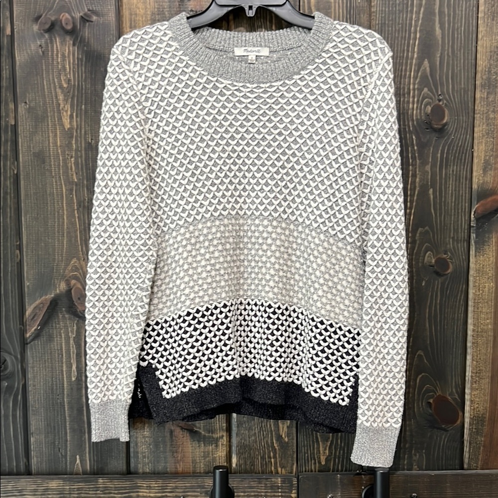Madewell Geo-Block Grey Sweater S Textured Black White Ribbed Cotton Cozy Preppy